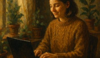 Impressionistic oil painting of a woman in a mustard sweater using a laptop at a wooden desk, surrounded by plants and warm natural light.